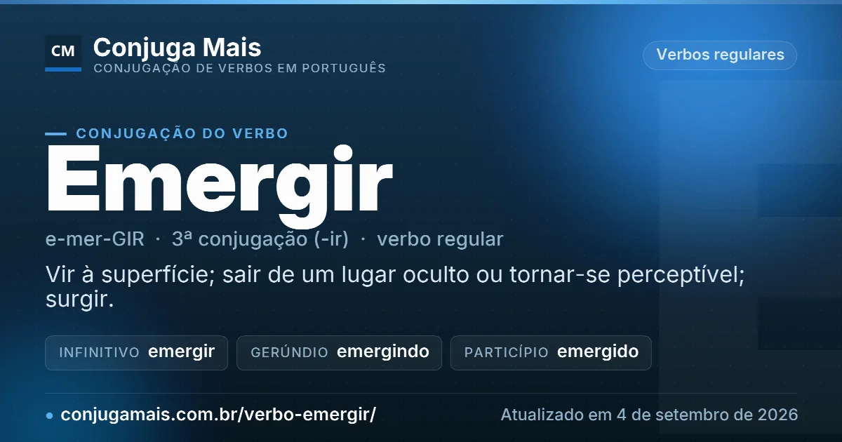 Cartão do verbo emergir com definição, formas principais, endereço da página e data de atualização.