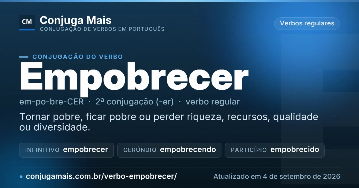 Cartão do verbo empobrecer com definição, formas principais, endereço da página e data de atualização.