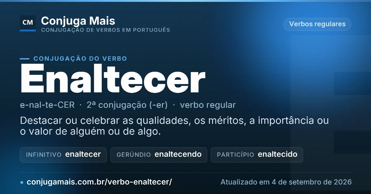 Cartão do verbo enaltecer com definição, formas principais, endereço da página e data de atualização.