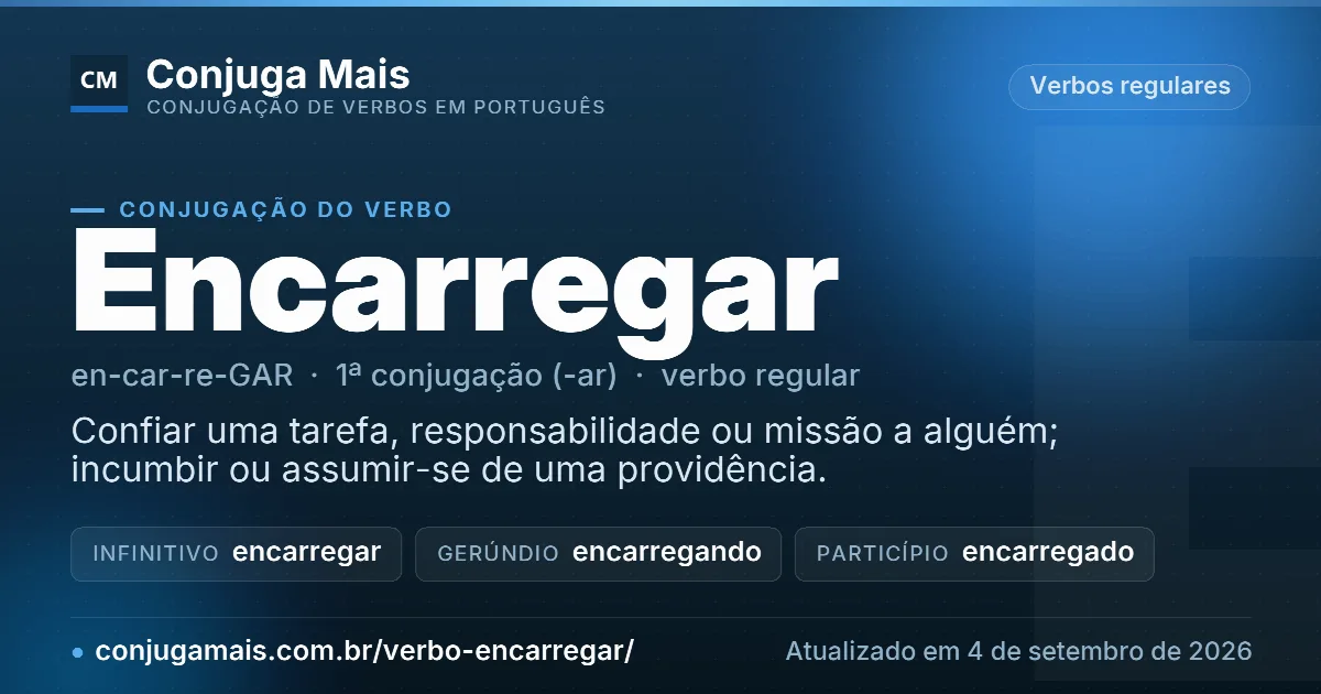 Cartão do verbo encarregar com definição, formas principais, endereço da página e data de atualização.
