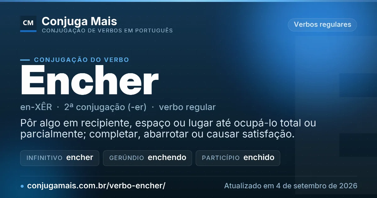 Cartão do verbo encher com definição, formas principais, endereço da página e data de atualização.