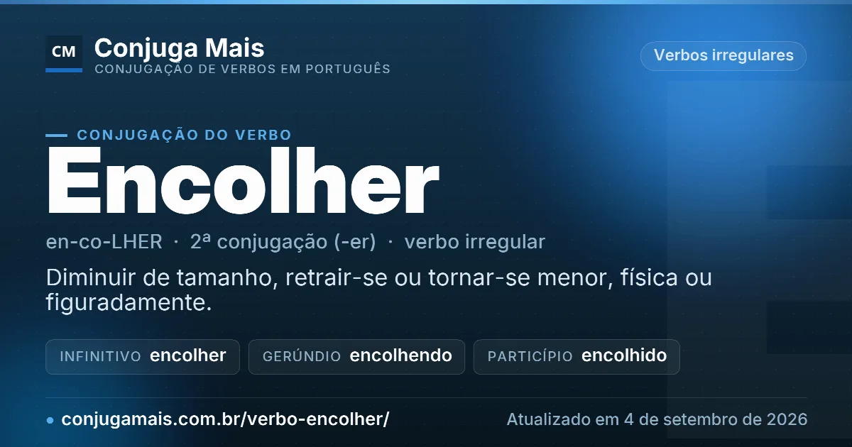 Cartão do verbo encolher com definição, formas principais, endereço da página e data de atualização.