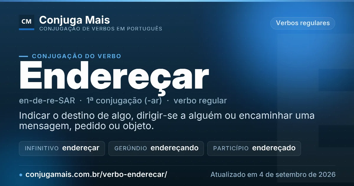 Cartão do verbo endereçar com definição, formas principais, endereço da página e data de atualização.
