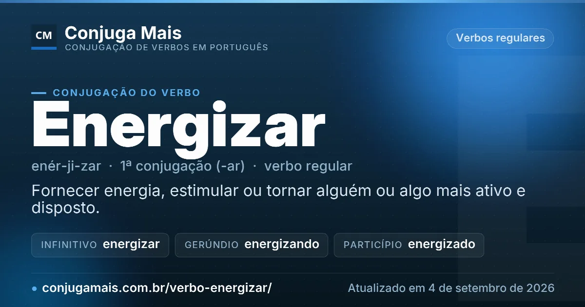 Cartão do verbo energizar com definição, formas principais, endereço da página e data de atualização.