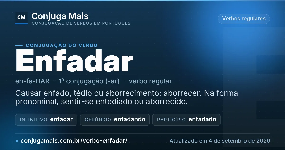 Cartão do verbo enfadar com definição, formas principais, endereço da página e data de atualização.