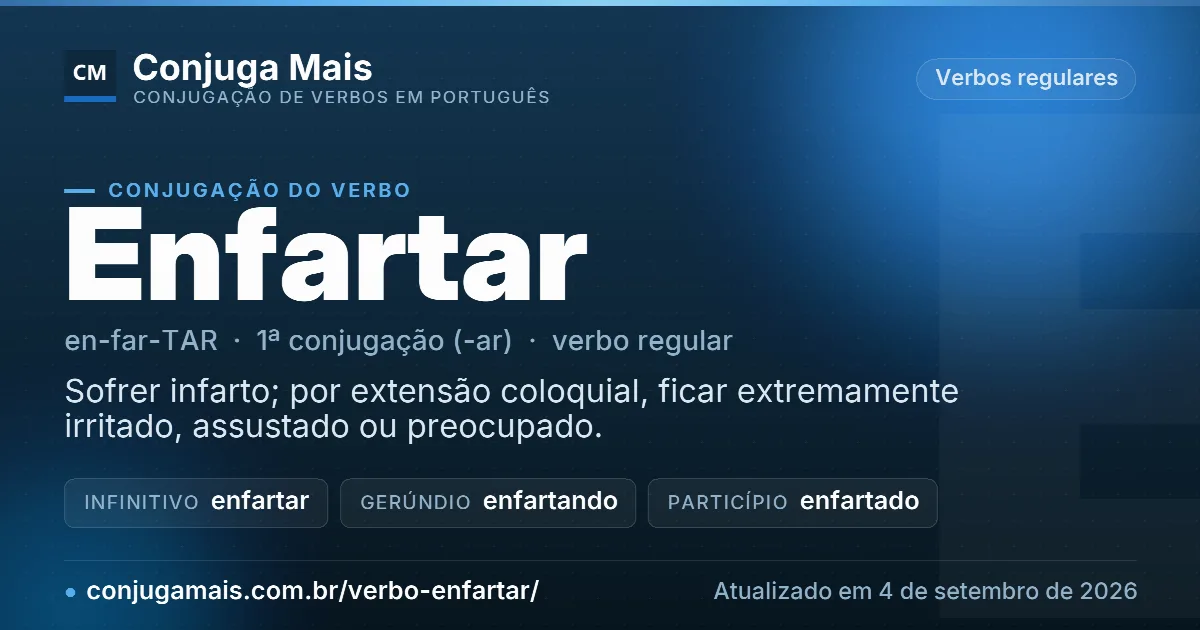 Cartão do verbo enfartar com definição, formas principais, endereço da página e data de atualização.