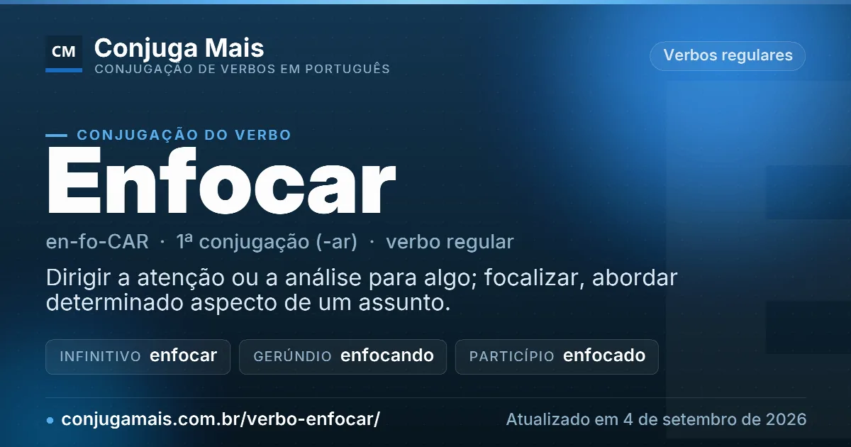 Cartão do verbo enfocar com definição, formas principais, endereço da página e data de atualização.
