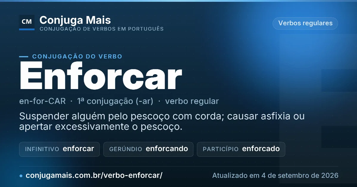 Cartão do verbo enforcar com definição, formas principais, endereço da página e data de atualização.