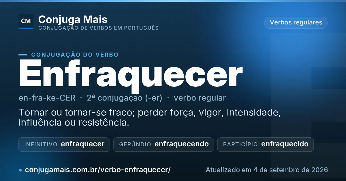 Cartão do verbo enfraquecer com definição, formas principais, endereço da página e data de atualização.