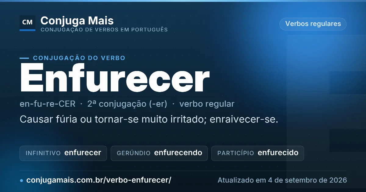Cartão do verbo enfurecer com definição, formas principais, endereço da página e data de atualização.