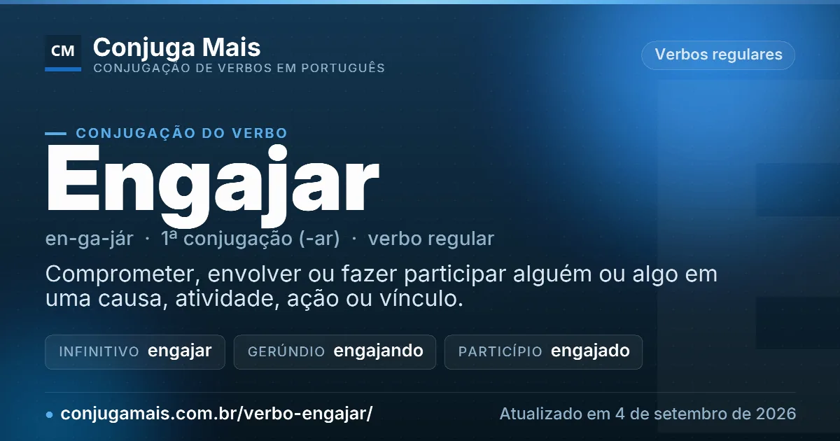 Cartão do verbo engajar com definição, formas principais, endereço da página e data de atualização.