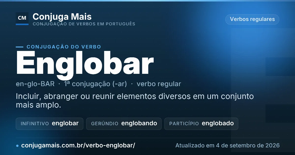 Cartão do verbo englobar com definição, formas principais, endereço da página e data de atualização.