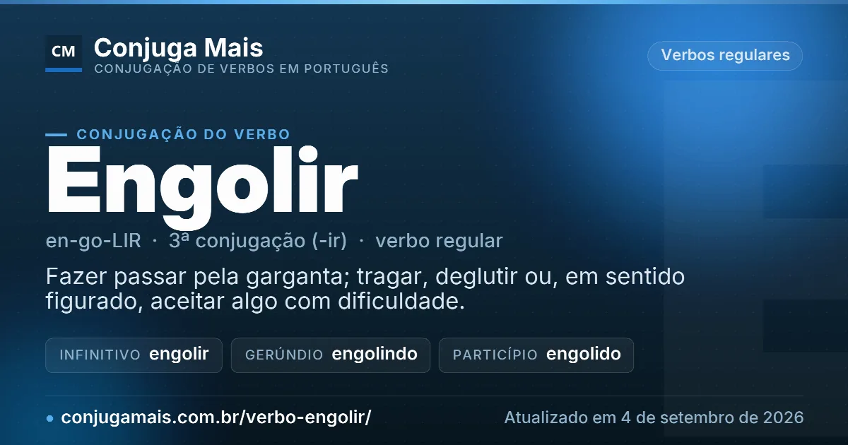 Cartão do verbo engolir com definição, formas principais, endereço da página e data de atualização.