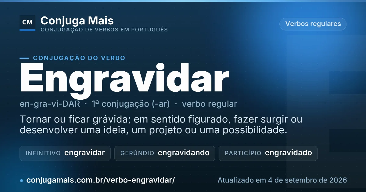Cartão do verbo engravidar com definição, formas principais, endereço da página e data de atualização.