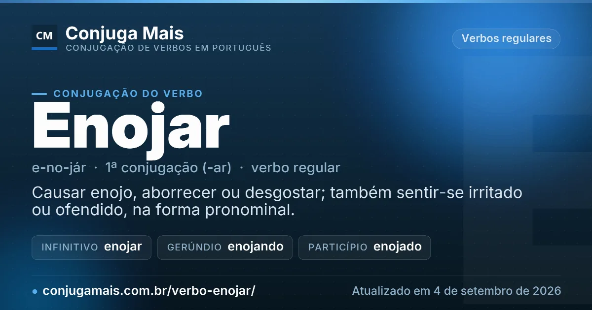 Cartão do verbo enojar com definição, formas principais, endereço da página e data de atualização.