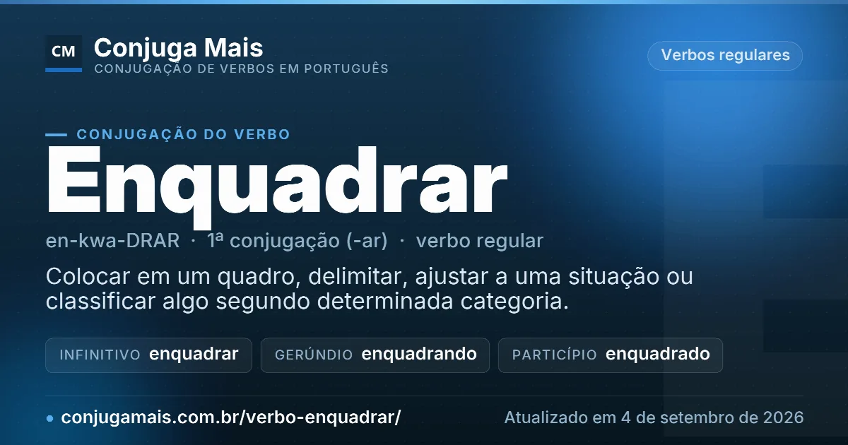 Cartão do verbo enquadrar com definição, formas principais, endereço da página e data de atualização.