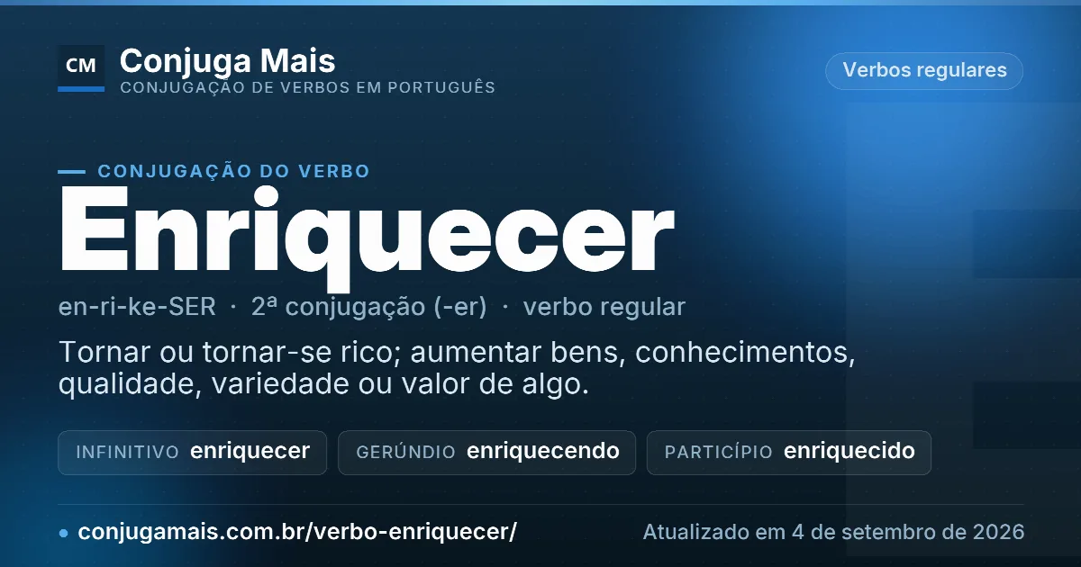 Cartão do verbo enriquecer com definição, formas principais, endereço da página e data de atualização.