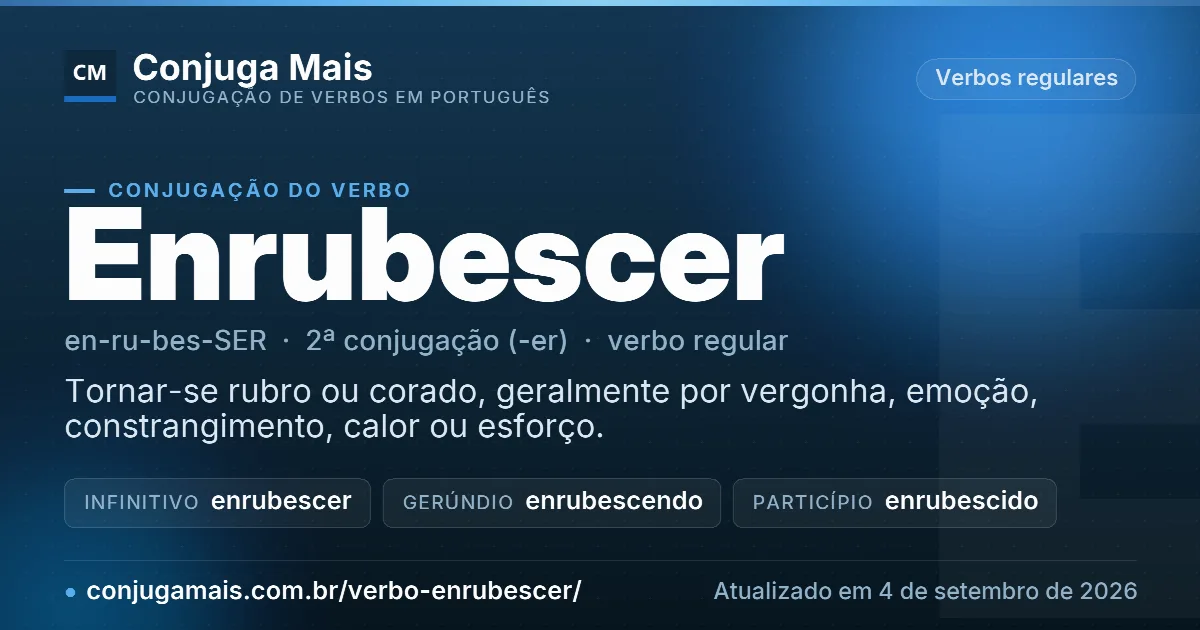 Cartão do verbo enrubescer com definição, formas principais, endereço da página e data de atualização.