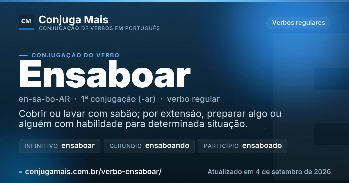 Cartão do verbo ensaboar com definição, formas principais, endereço da página e data de atualização.
