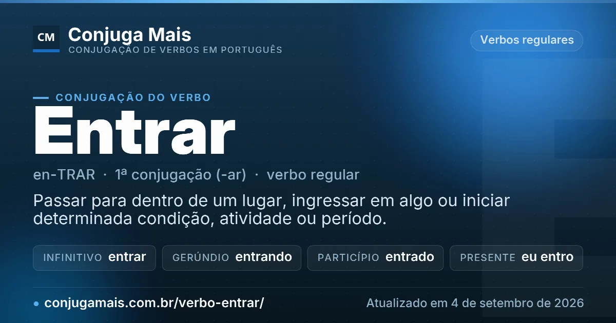 Cartão do verbo entrar com definição, formas principais, endereço da página e data de atualização.