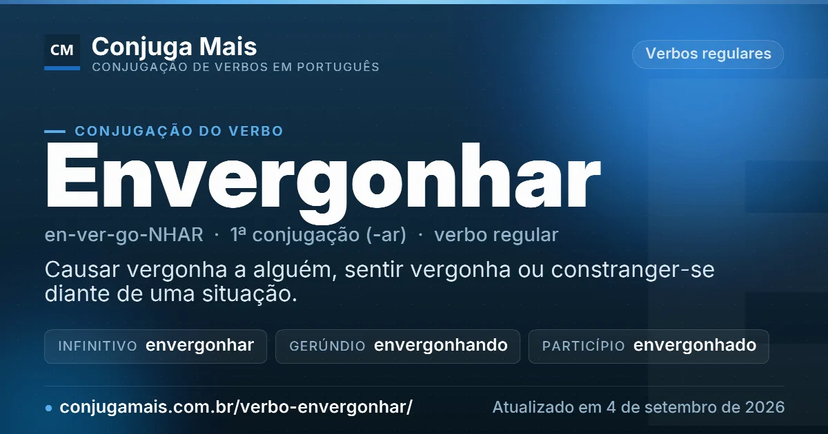 Cartão do verbo envergonhar com definição, formas principais, endereço da página e data de atualização.
