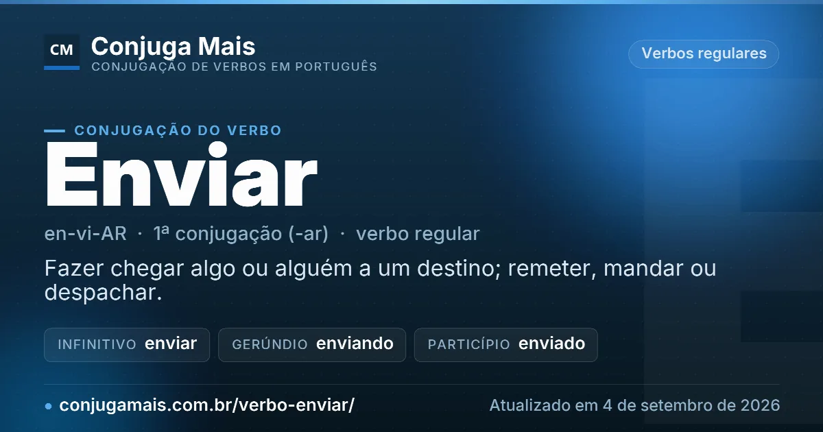 Cartão do verbo enviar com definição, formas principais, endereço da página e data de atualização.