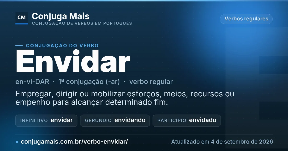 Cartão do verbo envidar com definição, formas principais, endereço da página e data de atualização.