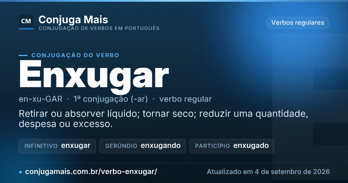Cartão do verbo enxugar com definição, formas principais, endereço da página e data de atualização.