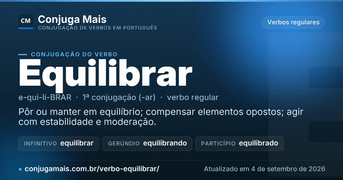 Cartão do verbo equilibrar com definição, formas principais, endereço da página e data de atualização.