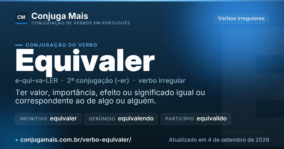 Cartão do verbo equivaler com definição, formas principais, endereço da página e data de atualização.