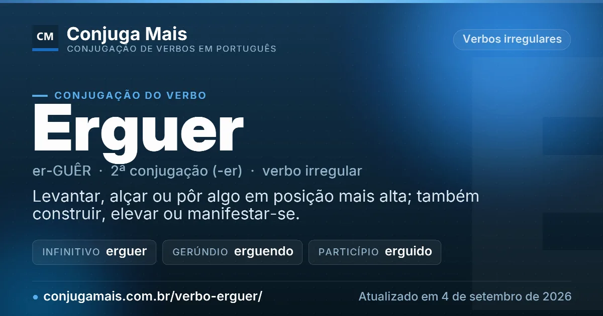Cartão do verbo erguer com definição, formas principais, endereço da página e data de atualização.