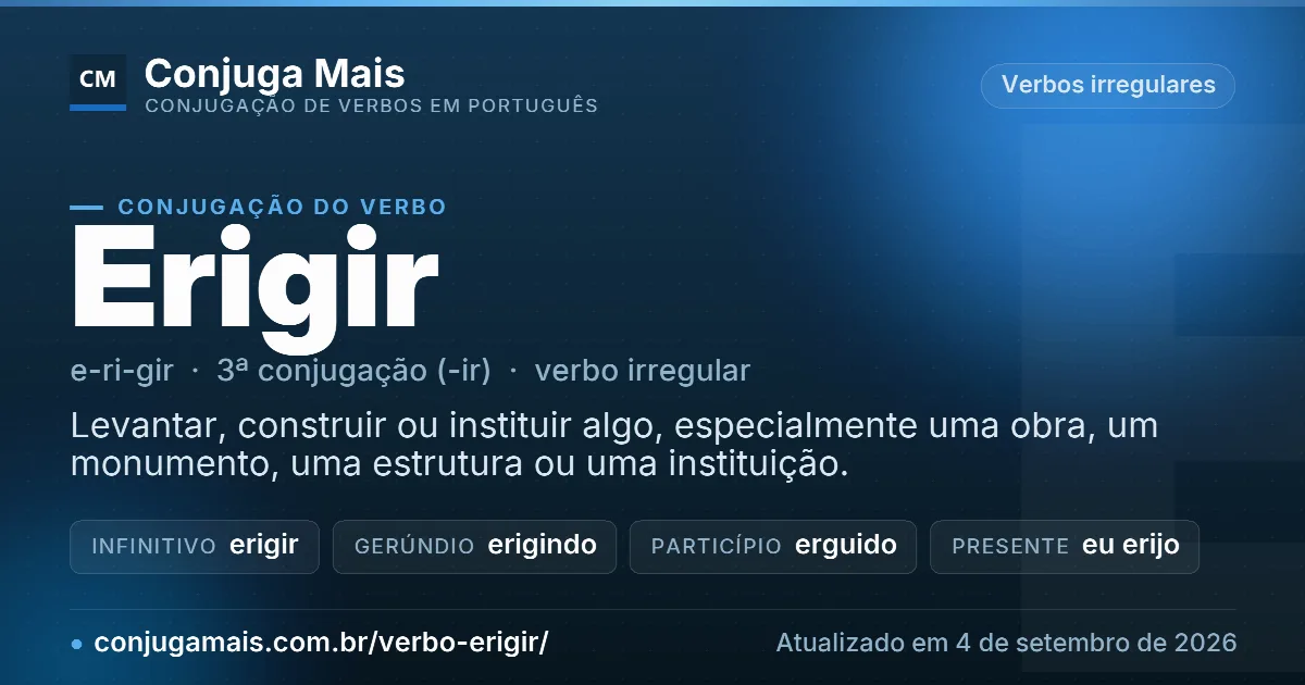 Cartão do verbo erigir com definição, formas principais, endereço da página e data de atualização.