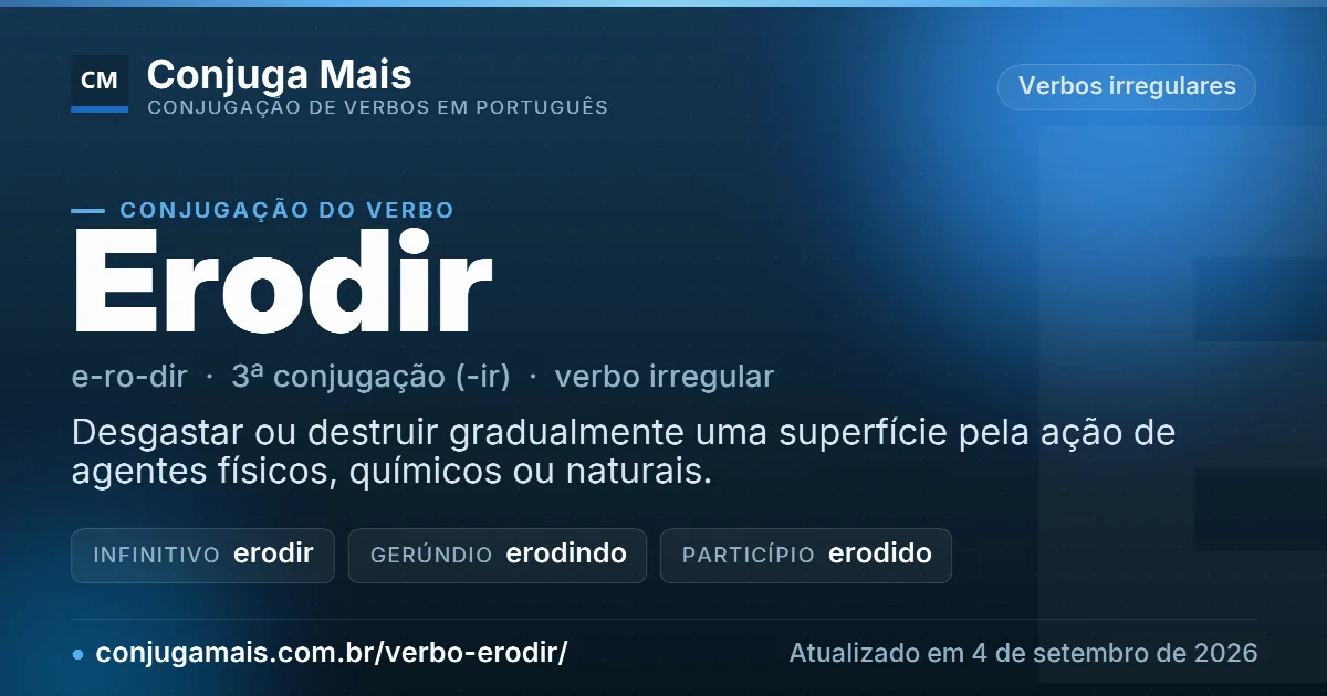 Cartão do verbo erodir com definição, formas principais, endereço da página e data de atualização.