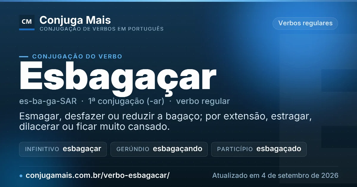 Cartão do verbo esbagaçar com definição, formas principais, endereço da página e data de atualização.