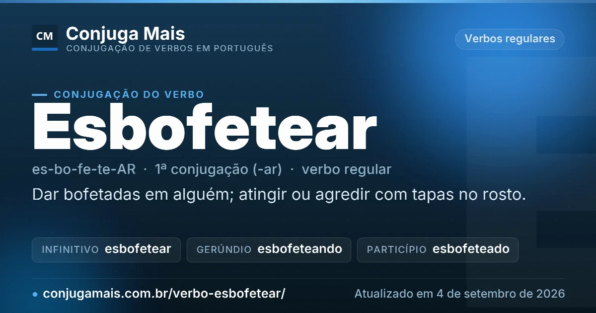 Cartão do verbo esbofetear com definição, formas principais, endereço da página e data de atualização.