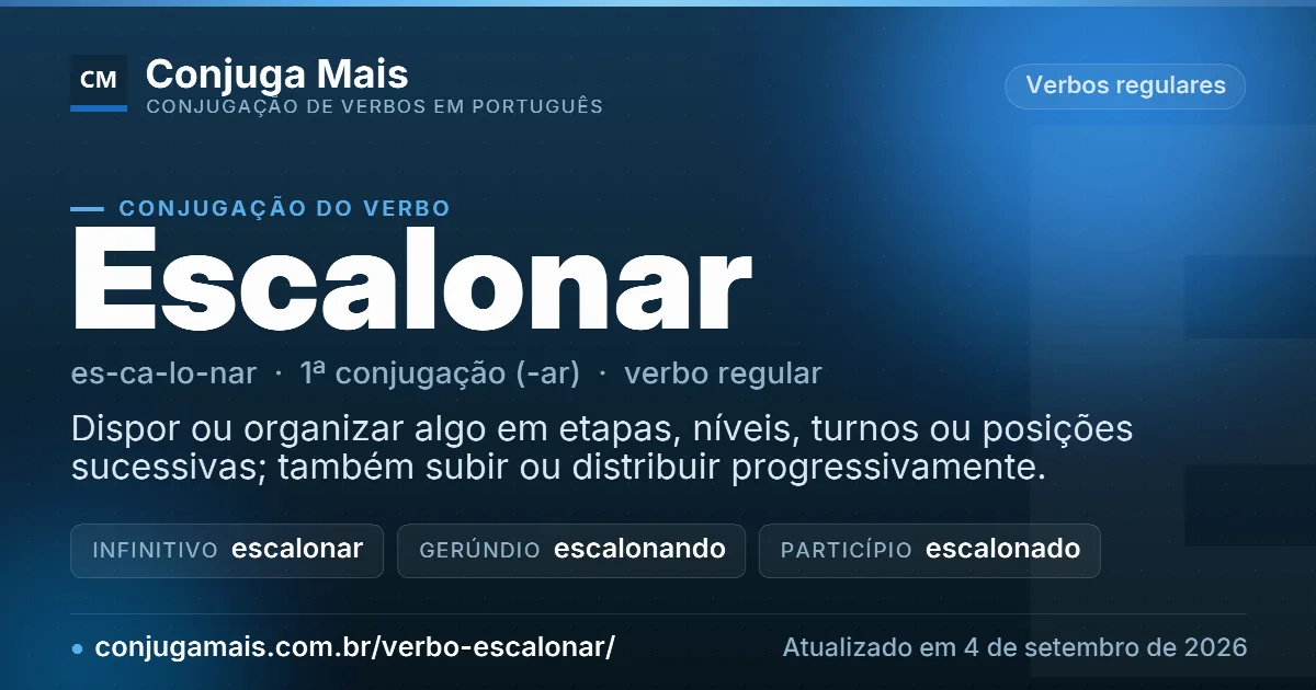 Cartão do verbo escalonar com definição, formas principais, endereço da página e data de atualização.