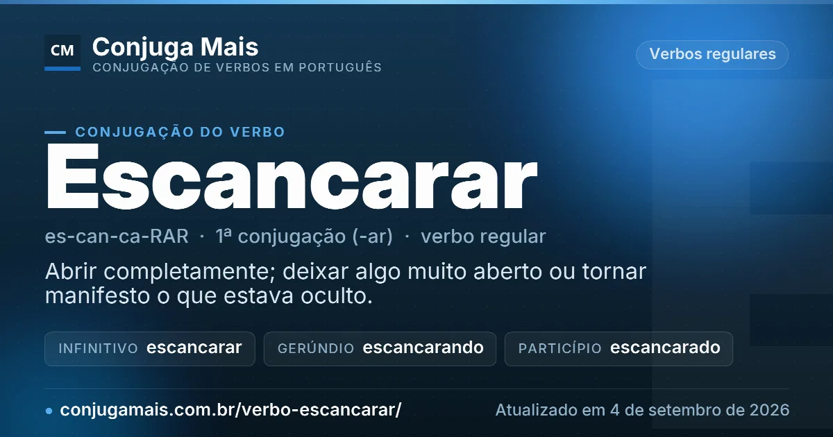 Cartão do verbo escancarar com definição, formas principais, endereço da página e data de atualização.