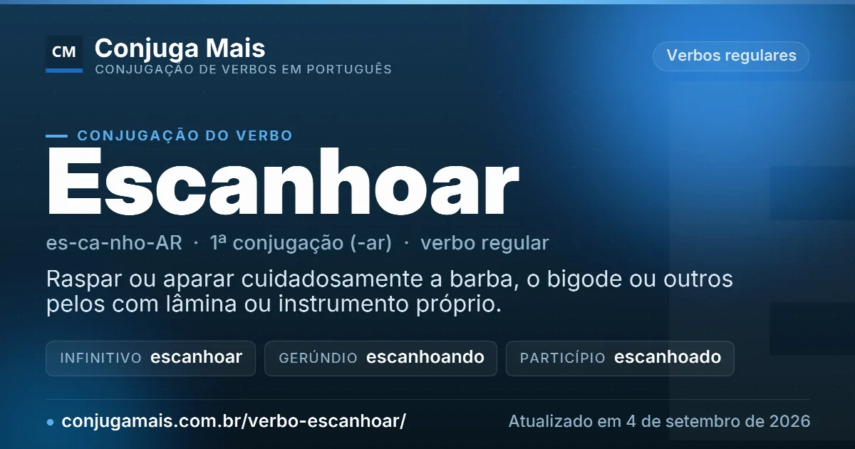 Cartão do verbo escanhoar com definição, formas principais, endereço da página e data de atualização.