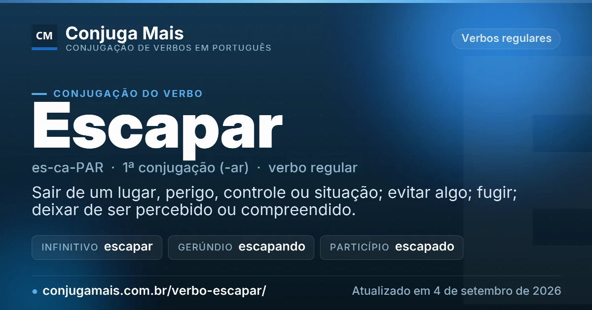 Cartão do verbo escapar com definição, formas principais, endereço da página e data de atualização.