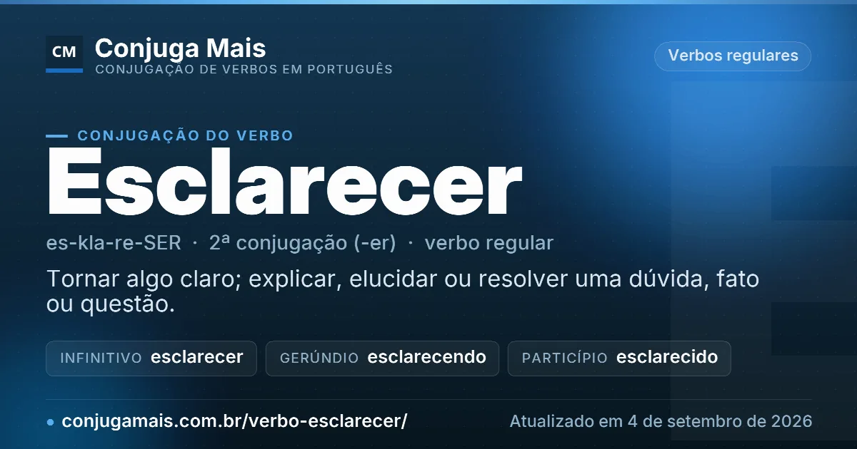 Cartão do verbo esclarecer com definição, formas principais, endereço da página e data de atualização.