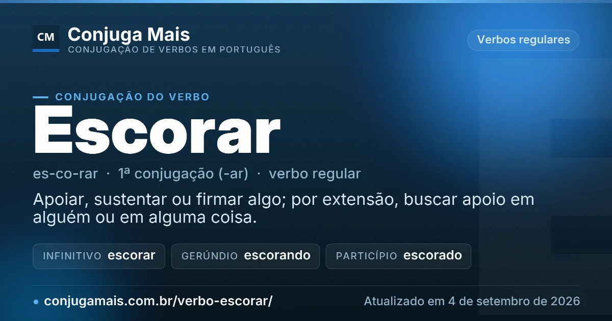 Cartão do verbo escorar com definição, formas principais, endereço da página e data de atualização.