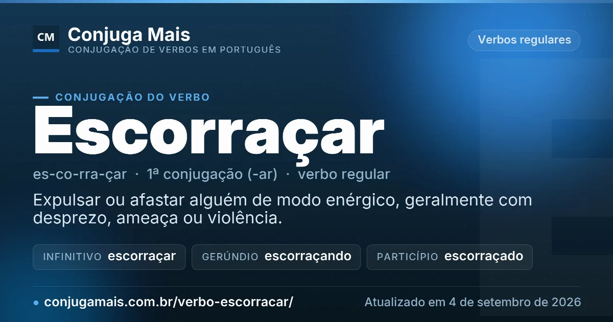 Cartão do verbo escorraçar com definição, formas principais, endereço da página e data de atualização.