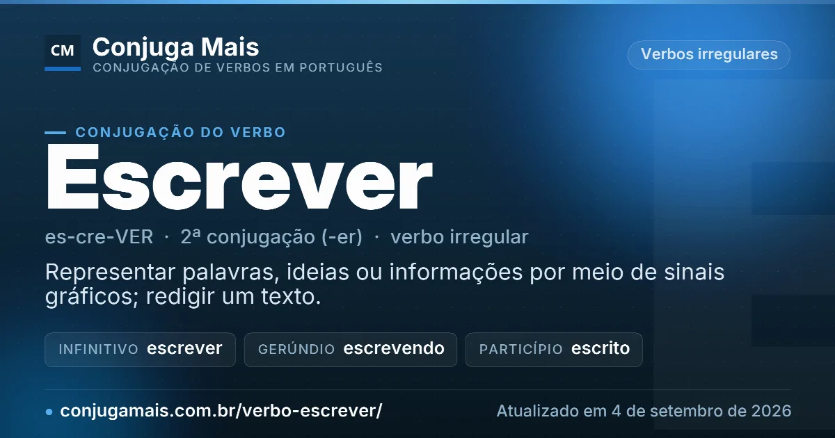 Cartão do verbo escrever com definição, formas principais, endereço da página e data de atualização.