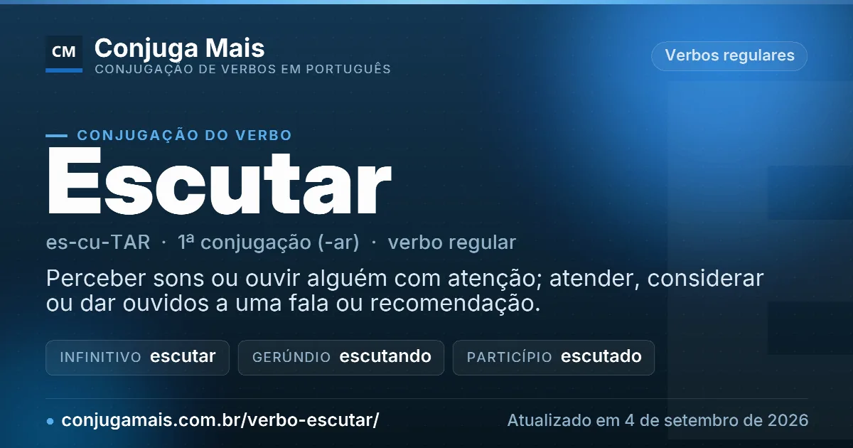 Cartão do verbo escutar com definição, formas principais, endereço da página e data de atualização.