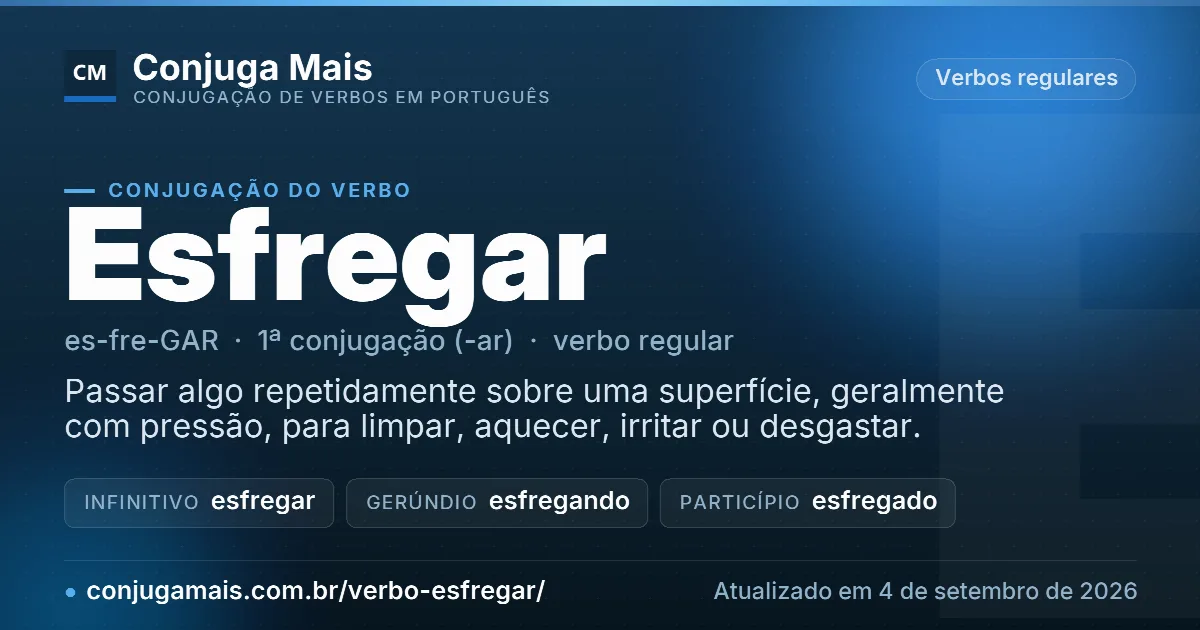 Cartão do verbo esfregar com definição, formas principais, endereço da página e data de atualização.