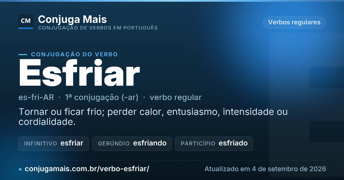 Cartão do verbo esfriar com definição, formas principais, endereço da página e data de atualização.