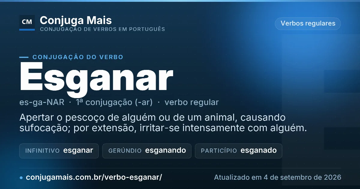 Cartão do verbo esganar com definição, formas principais, endereço da página e data de atualização.