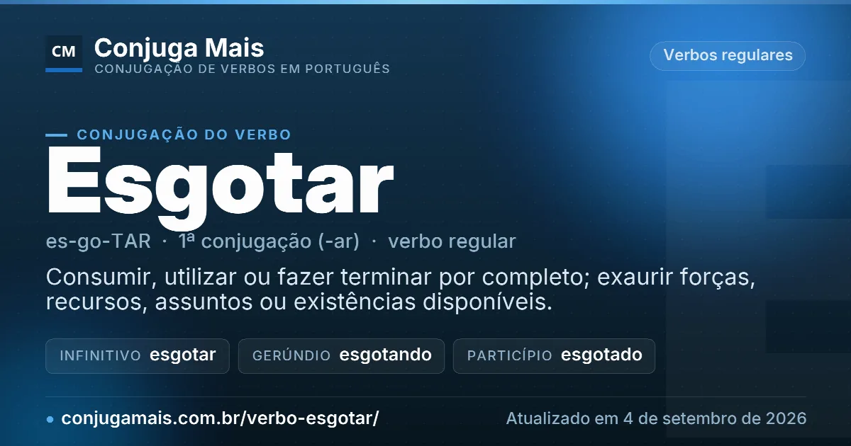 Cartão do verbo esgotar com definição, formas principais, endereço da página e data de atualização.