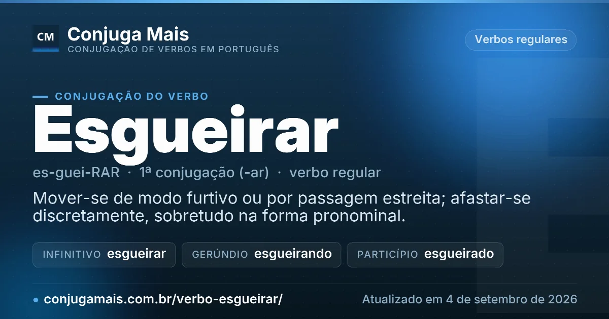 Cartão do verbo esgueirar com definição, formas principais, endereço da página e data de atualização.