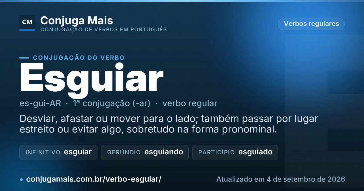 Cartão do verbo esguiar com definição, formas principais, endereço da página e data de atualização.